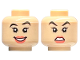 Part No: 3626pb3297  Name: Minifigure, Head Dual Sided Female Black Eyebrows, Left Raised, Coral Lips, Open Mouth Smile / Angry Pattern