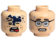 Part No: 3626pb3390  Name: Minifigure, Head Dual Sided Black Eyebrows, Open Mouth with Red Tongue, Dark Blue Splotch on Forehead / Scared with Glasses and Sweat Drops Pattern