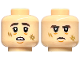 Part No: 3626pb3398  Name: Minifigure, Head Dual Sided Dark Brown Thick Eyebrows, Dark Tan Scuff Marks, Chin Dimple, Worried Open Mouth with Teeth / Frown Pattern