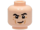 Part No: 3626pb3411  Name: Minifigure, Head Black Eyebrows, Left Raised, Medium Nougat Cheek Lines and Chin Dimple, Smile Pattern