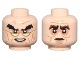 Part No: 3626pb3467  Name: Minifigure, Head Dual Sided Medium Nougat Cheek Lines and Wrinkles, Nougat Eye Shadow and Lower Lip, Black Bushy Eyebrows, Gold Glasses, and Open Mouth Smile with Teeth / Reddish Brown Bushy Eyebrows and Neutral Pattern