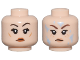 Part No: 3626pb3482  Name: Minifigure, Head Dual Sided Female Black Eyelashes, Dark Brown Eyebrows, Dark Orange Lips, Neutral / Reddish Brown Eyebrows, Nougat Lips and Freckles, Bright Light Blue Water Splotches, Angry Frown Pattern