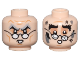 Part No: 3626pb3485  Name: Minifigure, Head Dual Sided Medium Nougat Cheek Lines and Wrinkles, Nougat Eye Shadow, Buck Teeth, Light Bluish Gray Bushy Eyebrows, Glasses, Stern / Black Bushy Eyebrows, Broken Glasses, Scuff Marks, Dark Bluish Gray Splotches, Worried Pattern