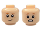 Part No: 3626pb3517  Name: Minifigure, Head Dual Sided Child Dark Orange Eyebrows, Nougat Freckles, Grin with Medium Nougat Dimple / Surprised Open Mouth with Teeth Pattern