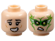 Part No: 3626pb3575  Name: Minifigure, Head Dual Sided Female Black Eyebrows, Medium Nougat Lips, Open Mouth with Teeth, Grin / Frown, Lime Eyes, Bright Green Mask, White Lightning Bolts Pattern