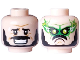 Part No: 3626pb3597  Name: Minifigure, Head Dual Sided Black Eyebrows, Moustache and Beard, Medium Nougat Wrinkles, White Sweat Drop, Worried Open Mouth Smile with Teeth / Angry Frown, Lime Eyes, Bright Green Mask, Lightning Bolts Pattern