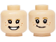 Part No: 3626pb3612  Name: Minifigure, Head Dual Sided Dark Tan Eyebrows, Black Eyes, Dark Orange Freckles, Open Mouth Grin with White Teeth / Smile Pattern