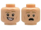 Part No: 3626pb3780  Name: Minifigure, Head Dual Sided Dark Tan Eyebrows, Medium Nougat Cheek Lines, Chin Dimple and Forehead Creases, Lopsided Open Mouth Smile with Teeth / Scared Pattern