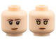 Part No: 3626pb3841  Name: Minifigure, Head Dual Sided Female Dark Brown Thin Eyebrows, Black Double Eyelashes, Nougat Lips, Lopsided Grin / Stern with Gold Eyes Pattern