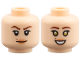 Part No: 3626pb3842  Name: Minifigure, Head Dual Sided Female Reddish Brown Eyebrows, Black Long Eyelashes, Beauty Mark, Nougat Lips, Lopsided Grin / Open Mouth Smile with Teeth and Gold Eyes Pattern