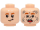 Part No: 3626pb3850  Name: Minifigure, Head Dual Sided Dark Orange Eyebrows, Medium Nougat Chin Dimple, Lopsided Grin / Scared Open Mouth with Top Teeth, Tongue and Dark Bluish Gray Scuff Marks Pattern