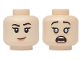 Part No: 3626pb4012  Name: Minifigure, Head Dual Sided Female Black Eyebrows and Eyelashes, Nougat Lips, Lopsided Grin / Raised Eyebrows, Metallic Light Blue Eyes and Surprised Open Mouth with Teeth Pattern