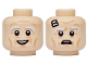 Part No: 3626pb4077  Name: Minifigure, Head Dual Sided Light Bluish Gray and White Eyebrows, Medium Nougat Wrinkles, Open Mouth Grin with Teeth / Frown, Bandages on Forehead Pattern