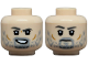 Part No: 3626pb4089  Name: Minifigure, Head Dual Sided Dark Bluish Gray Eyebrows, Light Bluish Gray Beard, Moustache and Goatee, Medium Nougat Cheek Lines, Open Mouth Smirk with Teeth / Frown Pattern
