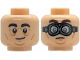 Part No: 3626pb4099  Name: Minifigure, Head Dual Sided Dark Brown Bushy Eyebrows, Medium Nougat Cheek Lines, Wrinkles and Chin Dimple, Lopsided Grin / Frown with Dark Bluish Gray Goggles Pattern