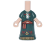 Part No: 65203pb020  Name: Micro Doll, Body with Molded Dark Green Dress and Printed Red, Black and Gold Striped Sash, Birds, Leaves and Trim Pattern