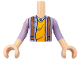 Part No: FTBpb137c01  Name: Torso Mini Doll Boy Lavender Shirt Open with Dark Blue Buttons over Orange Undershirt, Dark Orange Suspenders and Necklace Pattern, Light Nougat Arms with Hands with Lavender Long Sleeves