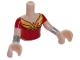 Part No: FTGpb114c01  Name: Torso Mini Doll Girl Red Top with Gold Wonder Woman Logo Pattern, Light Nougat Arms with Hands with Red Short Sleeves and Silver Bracelets