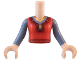 Part No: FTGpb445c01  Name: Torso Mini Doll Girl Red Top with Dark Red Hem, Gold Collar and Sparkles Pattern, Light Nougat Arms and Hands with Sand Blue Long Sleeves