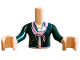 Part No: FTGpb523c01  Name: Torso Mini Doll Girl Dark Green Jacket Open with Gold Pocket and Zippers over White Top, Bright Pink Belt and Scarf Pattern, Light Nougat Arms with Hands with Dark Green Long Sleeves