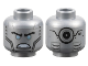 Part No: 3626pb2029  Name: Minifigure, Head Alien Robot with Black Eyebrows, Metallic Light Blue Eyes, Cheek Lines, Angry Bared Teeth, Vents and Silver Circle on Back Pattern