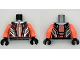 Part No: 973pb5376c01  Name: Torso Racing Suit Black Panels, Coral Lines and Hem, Silver Collar and Zipper Pattern / Coral Arms / Black Hands