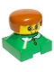 Minifig No: 2327pb06  Name: Duplo 2 x 2 x 2 Figure Brick, Green Base with White Collar and Red Heart Buttons, Yellow Head, Dark Orange Female Hair
