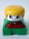 Minifig No: 2327pb07  Name: Duplo 2 x 2 x 2 Figure Brick, Green Base with Rust Overalls and Wrench Pattern, White Head with Eyelashes, Yellow Female Hair
