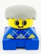 Minifig No: 2327pb13  Name: Duplo 2 x 2 x 2 Figure Brick, Blue Base with Yellow Argyle Sweater Pattern, Yellow Head with Moustache, Light Gray Male Hair