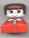 Minifig No: 2327pb14  Name: Duplo 2 x 2 x 2 Figure Brick, Red Base with White Collar and Pink Buttons, White Head with Eyelashes, Brown Female Hair
