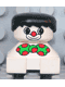 Minifig No: 2327pb18  Name: Duplo 2 x 2 x 2 Figure Brick, Clown, White Base, Green Bow with Red Dots, Black Hair, White Face with Red Nose