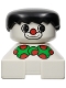 Minifig No: 2327pb18  Name: Duplo 2 x 2 x 2 Figure Brick, Clown, White Base, Green Bow with Red Dots, Black Hair, White Face with Red Nose