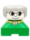 Minifig No: 2327pb23  Name: Duplo 2 x 2 x 2 Figure Brick, Grandmother, Green Base, Gray Hair, White Head, Yellow Collar with Flower