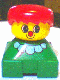 Minifig No: 2327pb25  Name: Duplo 2 x 2 x 2 Figure Brick, Clown, Green Base with White Collar, Yellow Head with Red Nose, Red Hair