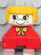 Minifig No: 2327pb26  Name: Duplo 2 x 2 x 2 Figure Brick, Red Base with Yellow Bow, White Head with Eyelashes and Freckles, Yellow Hair