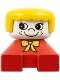 Minifig No: 2327pb26  Name: Duplo 2 x 2 x 2 Figure Brick, Red Base with Yellow Bow, White Head with Eyelashes and Freckles, Yellow Hair