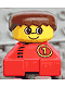 Minifig No: 2327pb32  Name: Duplo 2 x 2 x 2 Figure Brick, Red Base With Number 1 Race Pattern, Yellow Head, Brown Male Hair