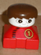 Minifig No: 2327pb35  Name: Duplo 2 x 2 x 2 Figure Brick, Red Base with Number 1 Race Pattern, White Head, Brown Male Hair