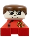 Minifig No: 2327pb35  Name: Duplo 2 x 2 x 2 Figure Brick, Red Base with Number 1 Race Pattern, White Head, Brown Male Hair