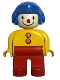 Lot ID: 283671994  Minifig No: 4555pb001  Name: Duplo Figure, Male Clown, Red Legs, Yellow Top with 2 Buttons, Yellow Arms, Blue Aviator Helmet