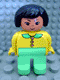 Minifig No: 4555pb003  Name: Duplo Figure, Female, Light Green Legs, Yellow Blouse with Light Green Collar and Dark Pink Buttons, Black Hair, Grin