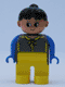 Minifig No: 4555pb005 Name: Duplo Figure, Female, Yellow Legs, Dark Gray Top with Yellow Zipper and Blue Arms, Black Ponytail Minifig No: 4555pb005 Name: Duplo Figure, Female, Yellow Legs, Dark Gray Top with Yellow Zipper and Blue Arms, Black Ponytail