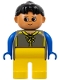 Minifig No: 4555pb005  Name: Duplo Figure, Female, Yellow Legs, Dark Gray Top with Yellow Zipper and Blue Arms, Black Ponytail