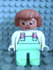 Lot ID: 263851258  Minifig No: 4555pb009  Name: Duplo Figure, Female, Light Green Legs, White Top with Light Green Overalls with Pink Buttons, Fabuland Brown Hair