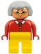 Minifig No: 4555pb011  Name: Duplo Figure - Female, Adult Woman, Yellow Legs, Red Top with Collar, Buttons, and Brooch Pattern, Light Gray Hair, Nougat Head (75500)