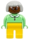 Minifig No: 4555pb012  Name: Duplo Figure - Female, Adult Woman, Yellow Legs, Medium Green Top with Collar and Heart Buttons Pattern, Light Gray Hair, Brown Head (75506)