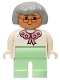 Minifig No: 4555pb014  Name: Duplo Figure, Female, Light Green Legs, White Blouse, Gray Hair, Glasses