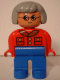 Minifig No: 4555pb015  Name: Duplo Figure, Female, Blue Legs, Red Jacket, Light Gray Hair, Glasses