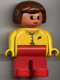 Minifig No: 4555pb022  Name: Duplo Figure, Female, Red Legs, Yellow Blouse with Red Buttons, Brown Hair