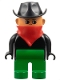Minifig No: 4555pb024 Name: Duplo Figure, Male, Green Legs, Black Top, Red Scarf, Cowboy Hat (Western Bad Guy) Minifig No: 4555pb024 Name: Duplo Figure, Male, Green Legs, Black Top, Red Scarf, Cowboy Hat (Western Bad Guy)
